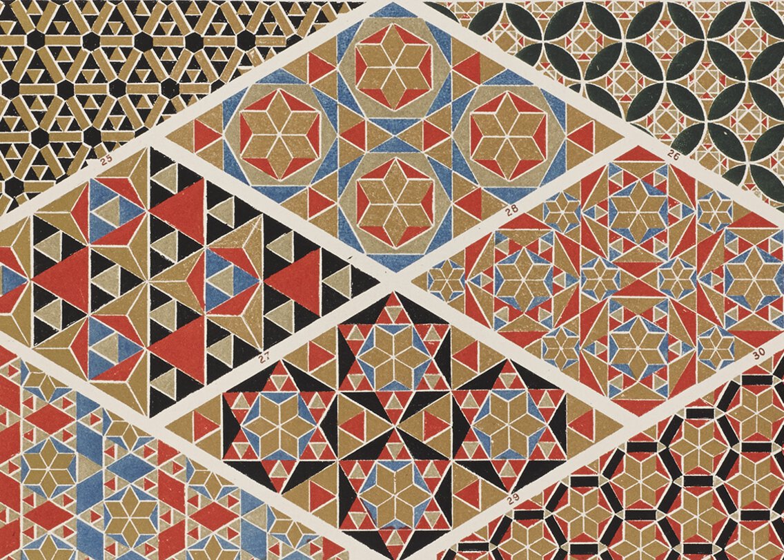 Intricate, multi-layer, diamond pattern with multiple embedded shapes of black, beige, red, blue.