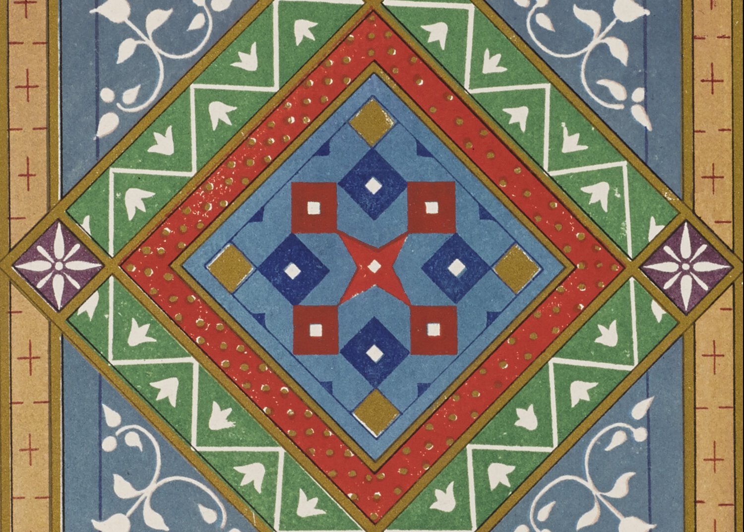 Intricate, multi-layer, square pattern with beige, blue, purple, green, and red elements.