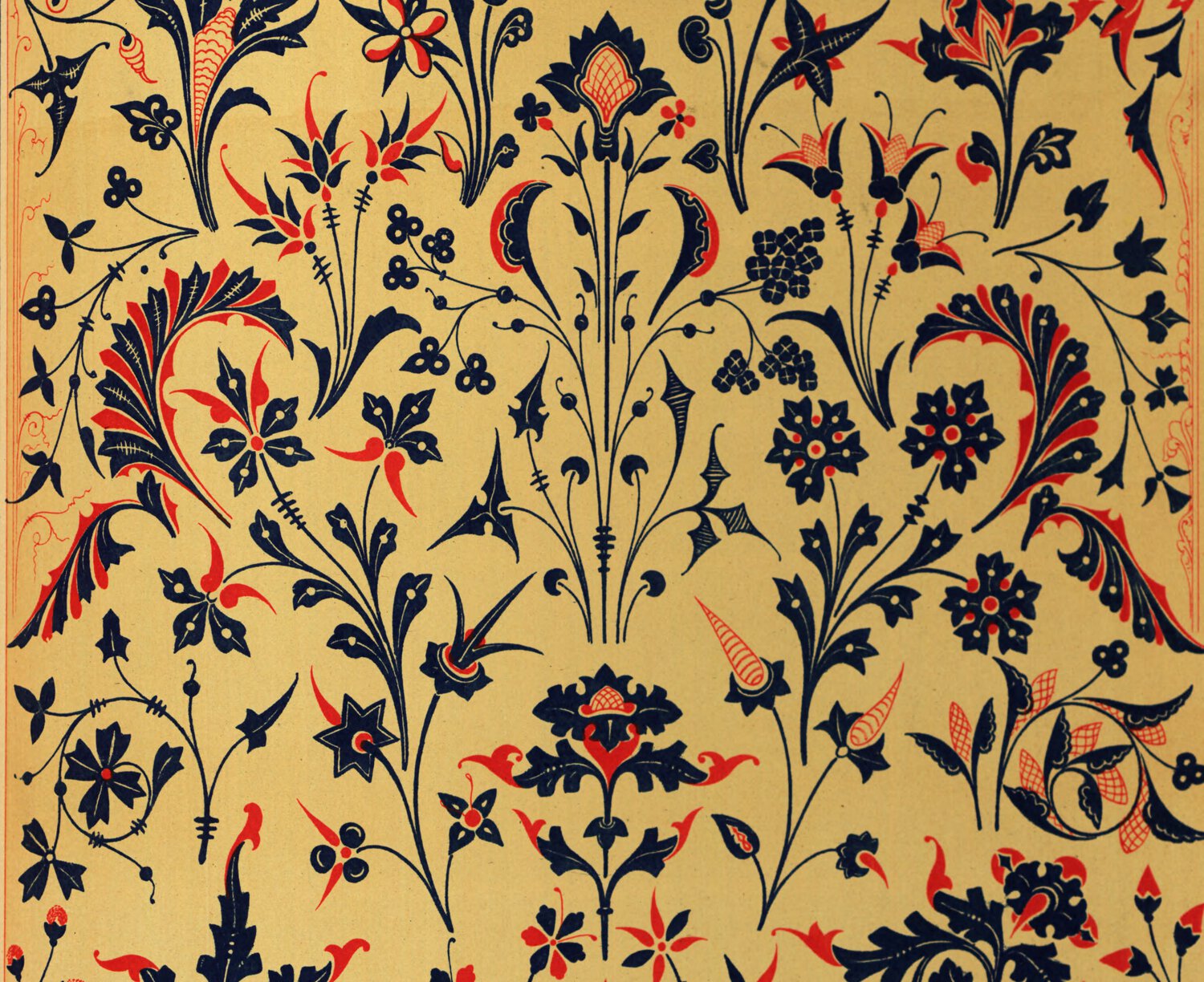 Ornate red and navy blue floral pattern on a yellow background.