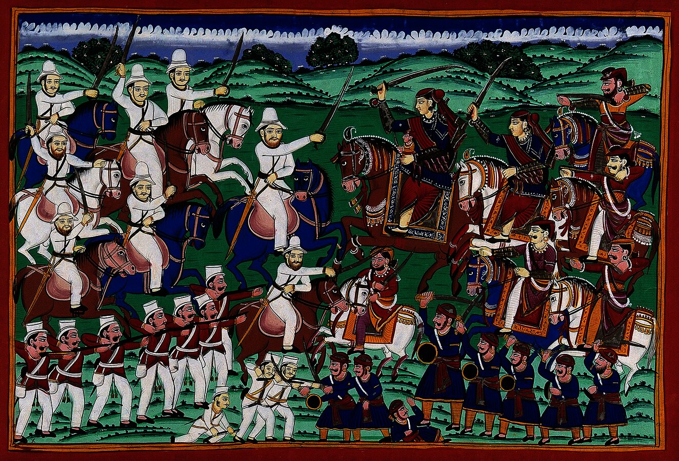 A colorful oil painting of The Rani of Jhansi leadings her troops on horseback