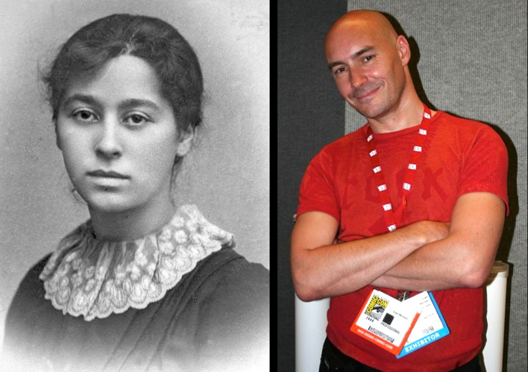 (Left) Head and shoulders portrait of Amy Levy. (Right) Head and shoulders portrait of Grant Morrison.