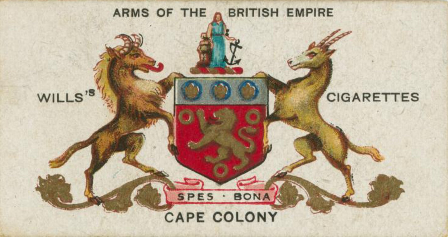 “Arms of the British Empire”: Crest with lions and crowns, horned deer on either side, and woman with anchor above.