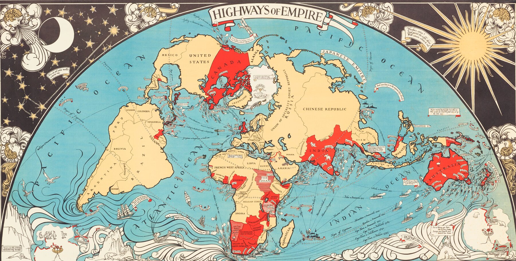 Colorful Empire Marketing Board poster map highlighting British imperial trade routes and colonies.