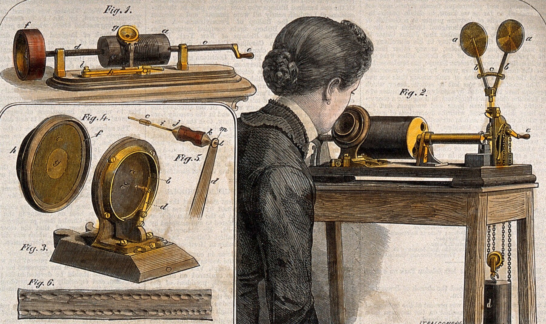 Coloured wood engraving illustrating Edison phonograph apparatus with a carbon microphone system.
