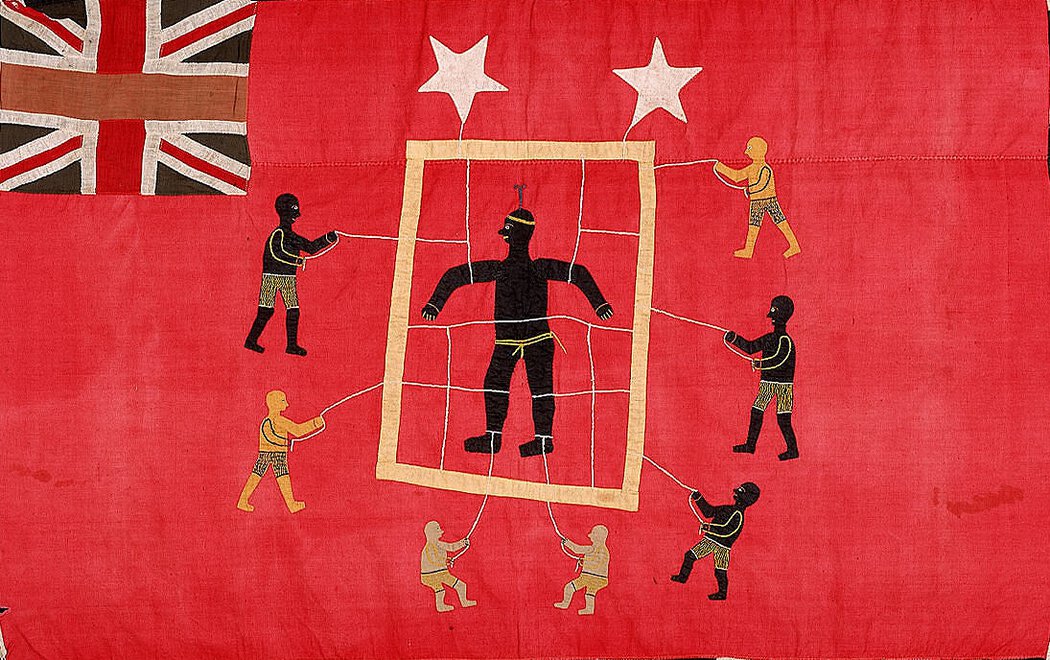 British flag; group of individuals surrounding and with ropes tied to the limbs of a larger figure.