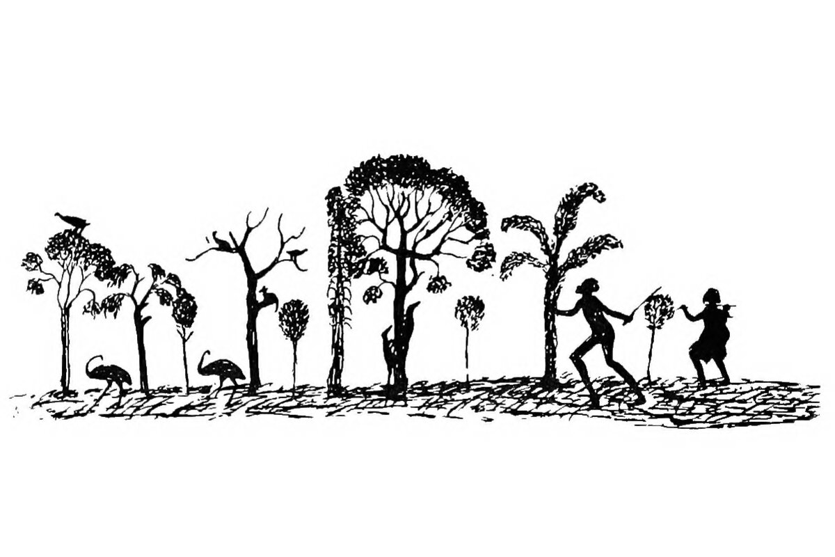 Silhouettes of trees with birds and two individuals with weapons drawn in an attack pose.