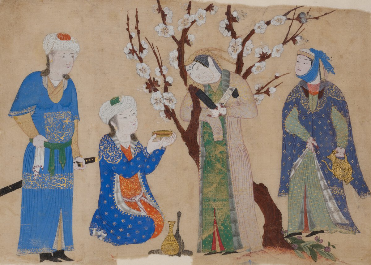 Set of four people, one of whom kneels and offers a bowl to another; with tree with white flowers.