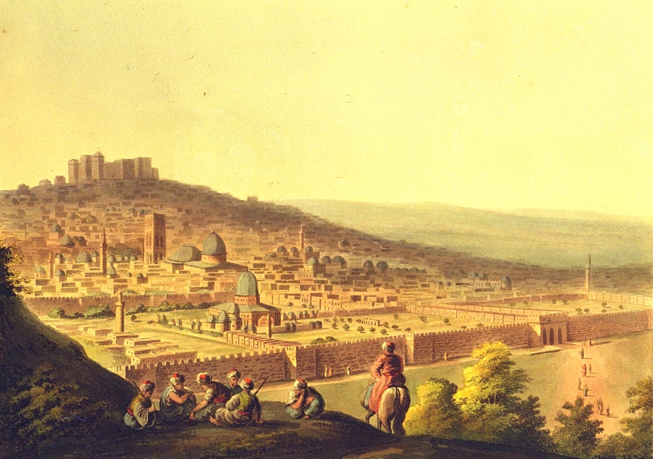 A sweeping vista of the city of Palestine with people kneeling in the foreground.