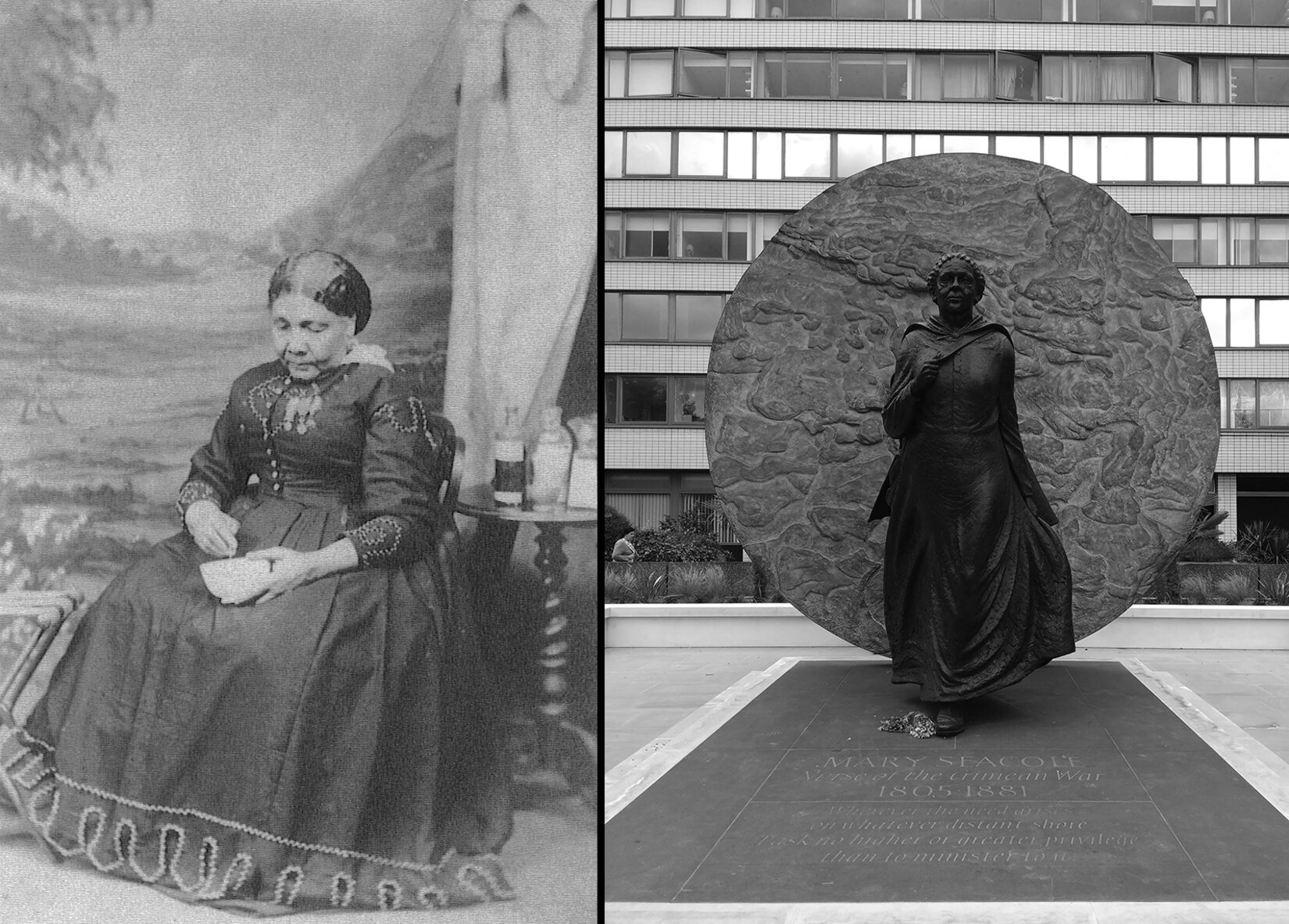 Left: Mary Seacole seated and looking down, while holding a bowl on her lap. Right: Black statue of Mary Seacole striding forward with round carved stone in background.