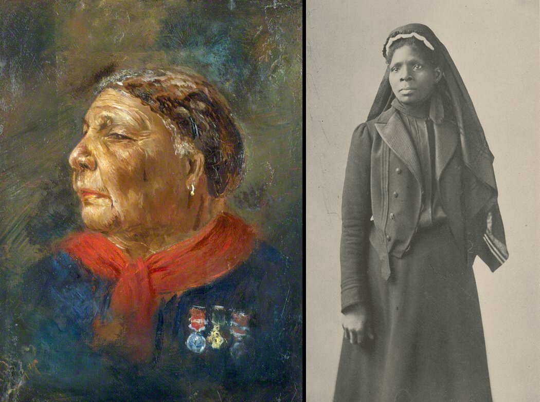 Left: Head and shoulders portrait of Mary Seacole facing to her right. Right: Three-quarters body portrait of Susie King Taylor, standing and facing to her right.