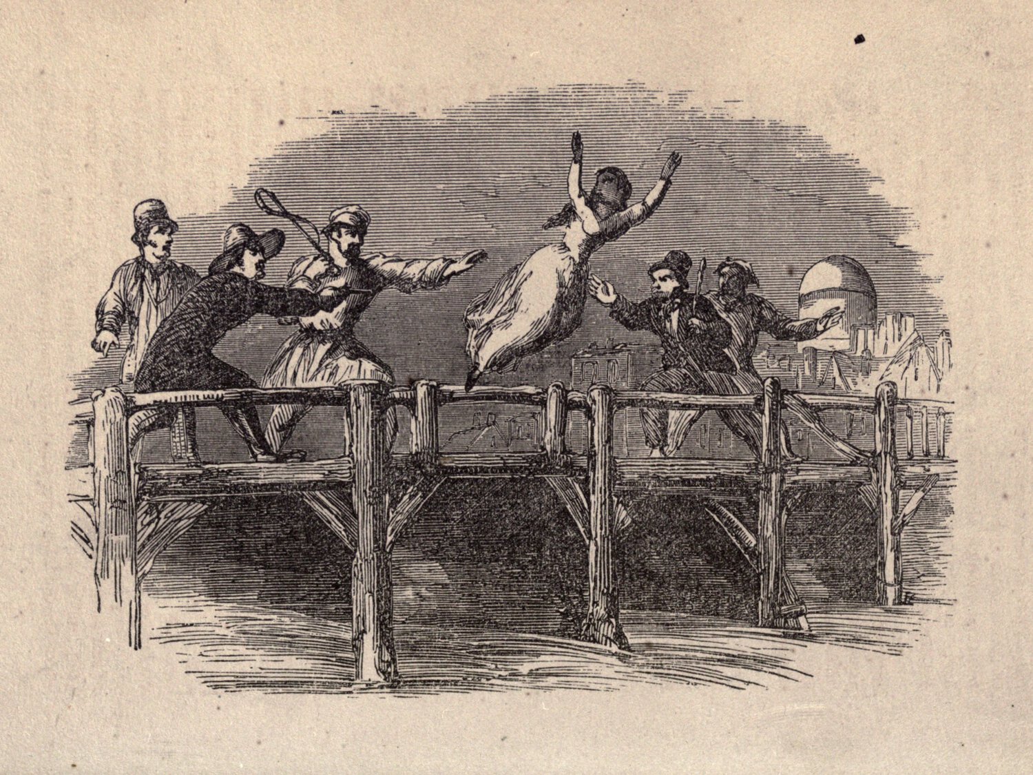 Woman jumping from bridge into water surrounded by men with arms outstretched to catch and stop her.