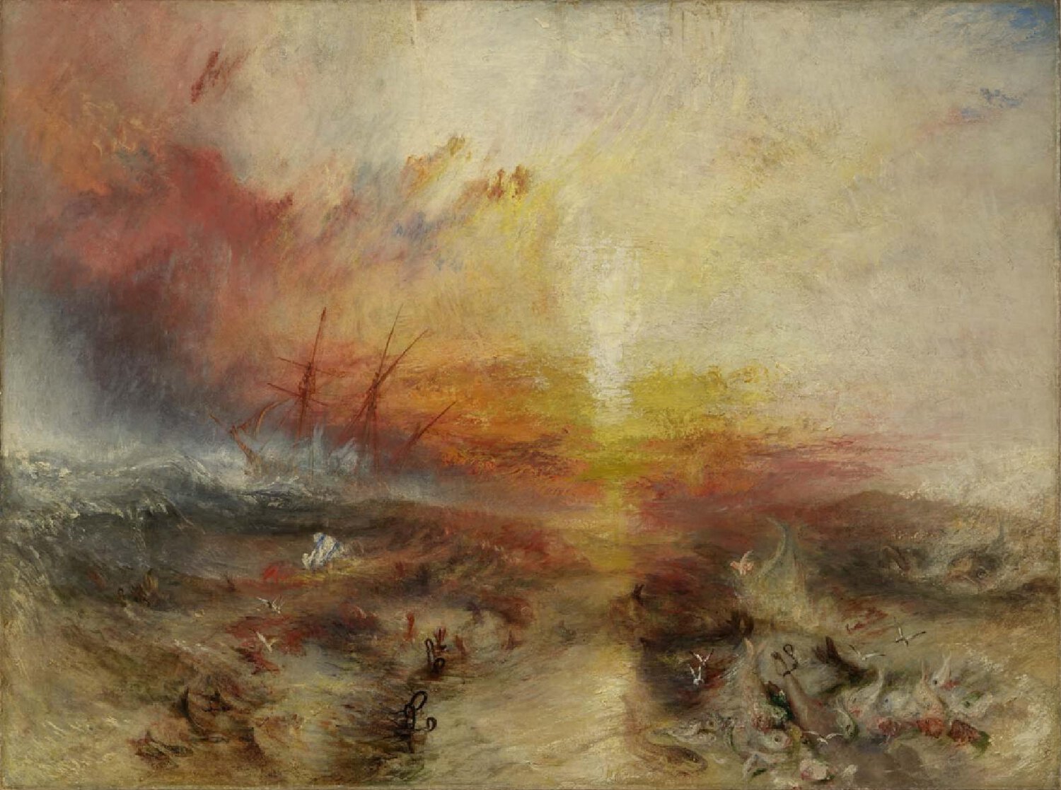 Scene of storm at sea with ship in background and various individuals and items in the water.