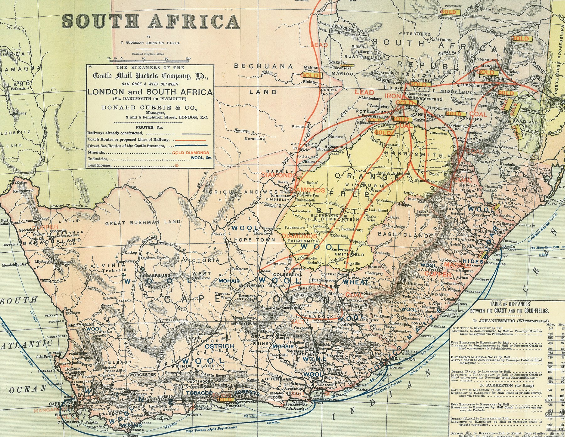 Printed color map of southern Africa with red lines showing routes of travel.