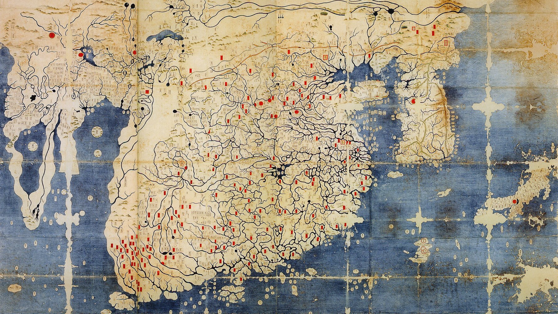 Korean world map centered on China and Korea showing rivers in blue and settlements with red markers.