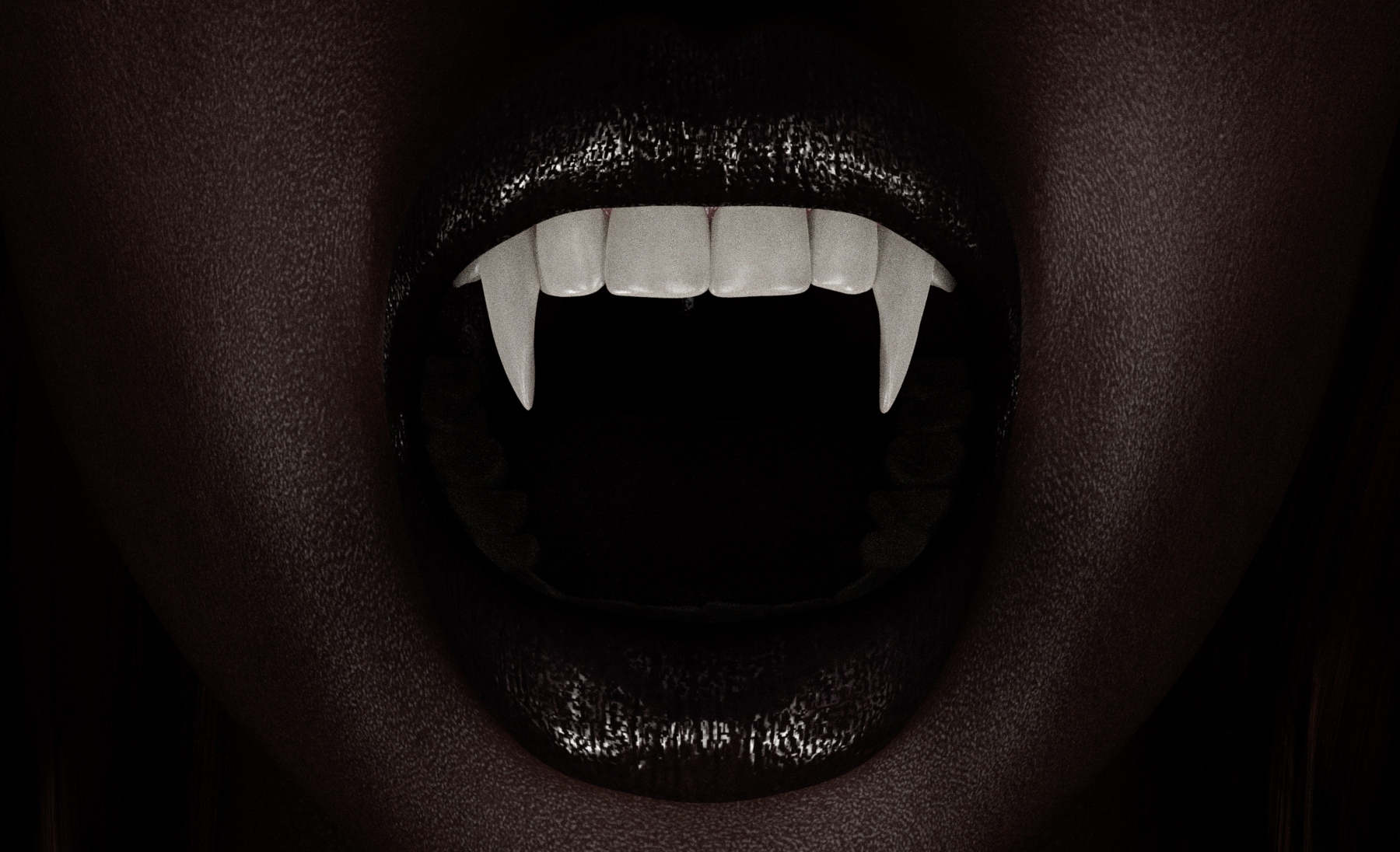 dark photograph of a mouth with black lips and sharp white fanged teeth