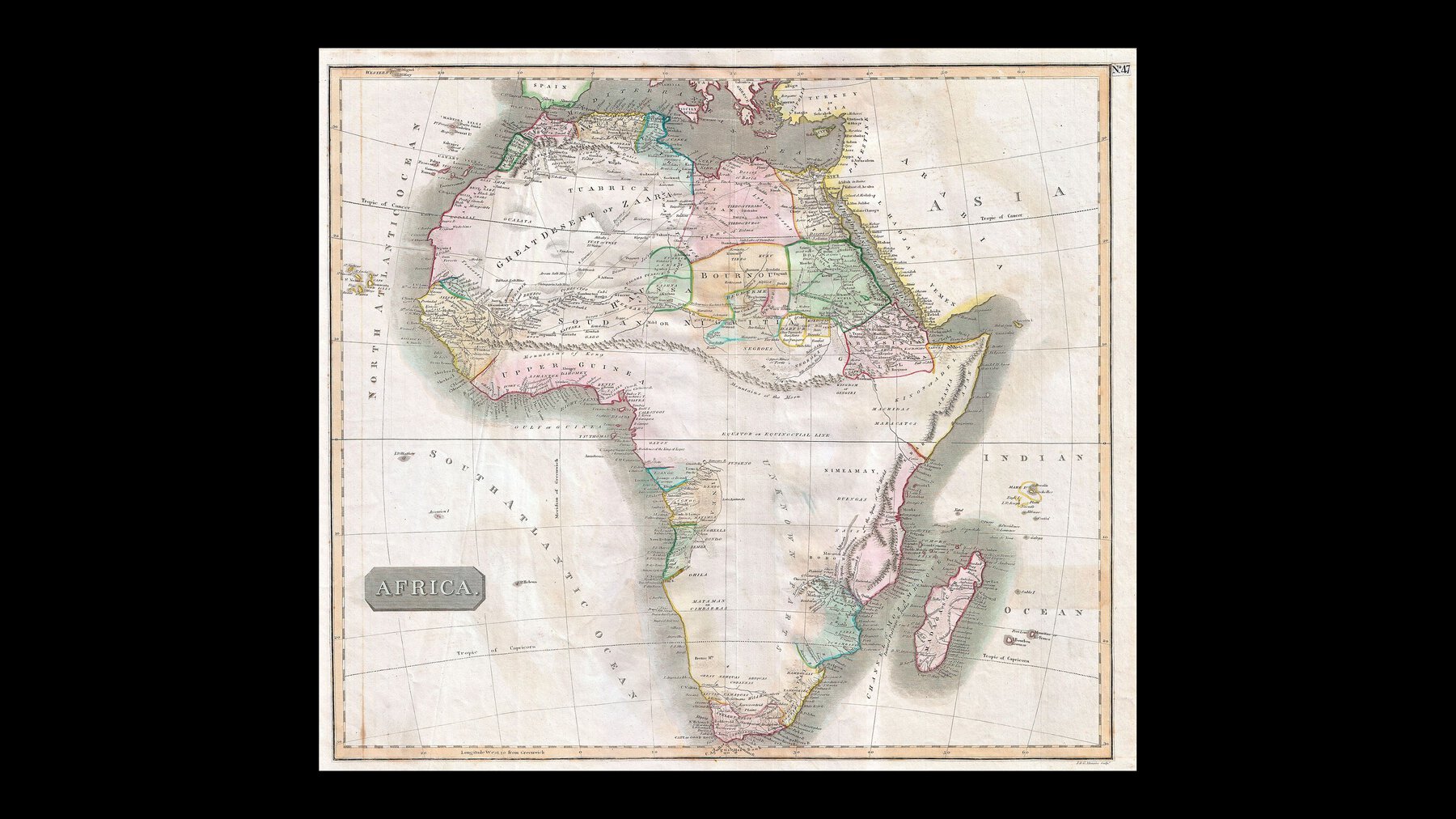 A map of Africa denoting large portions as unknown but depicting notable detail in the known areas.