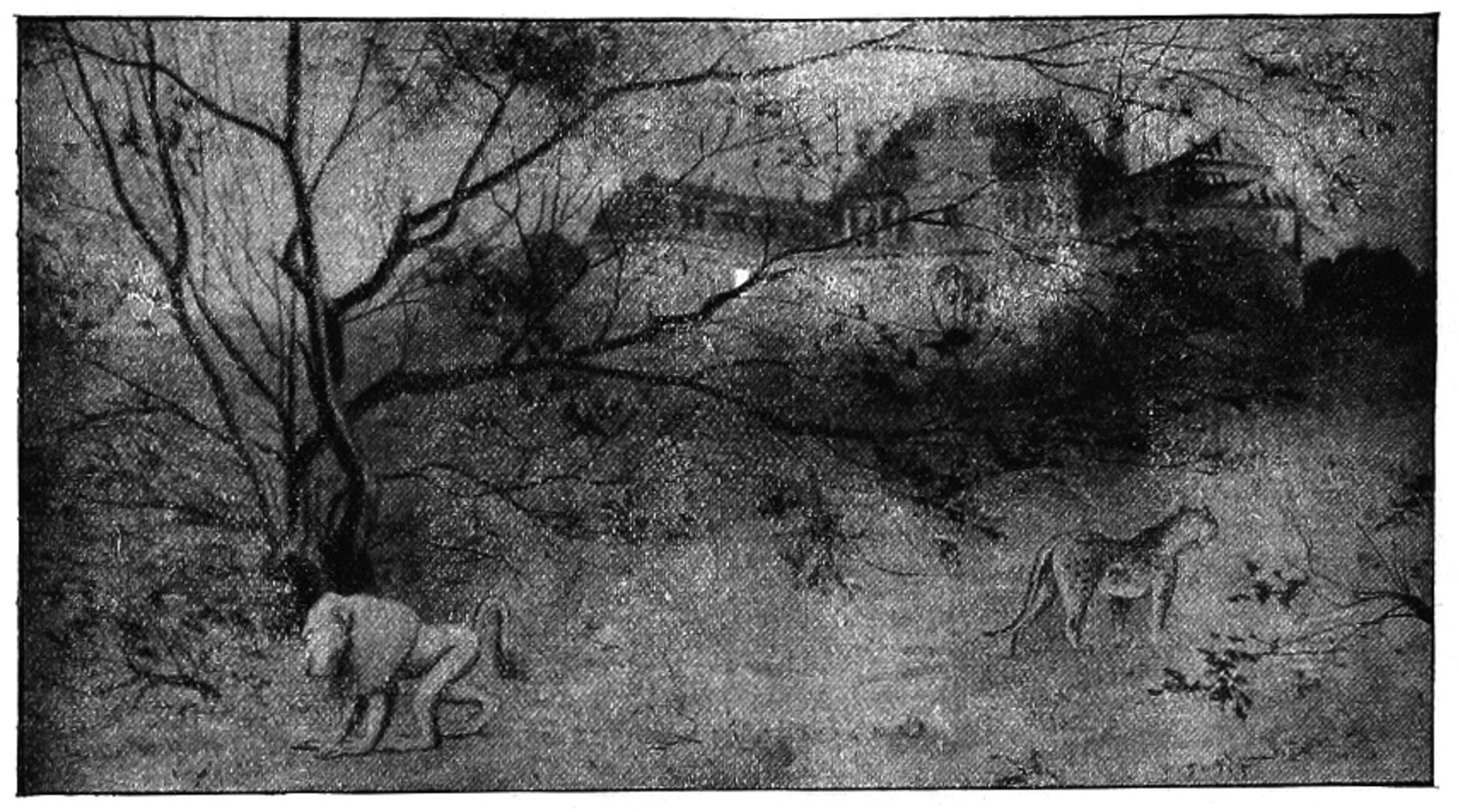 Monochrome landscape with two animals in a foggy wood with a large house in the background.
