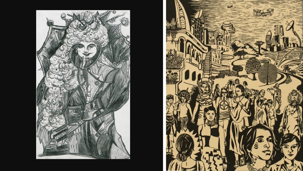 Left: Surreal portrait showing person with dramatically oversized fluffy hair wearing formal clothing. Right: Woodcut-style print showing diverse people walking beneath futuristic cityscape with flying objects.