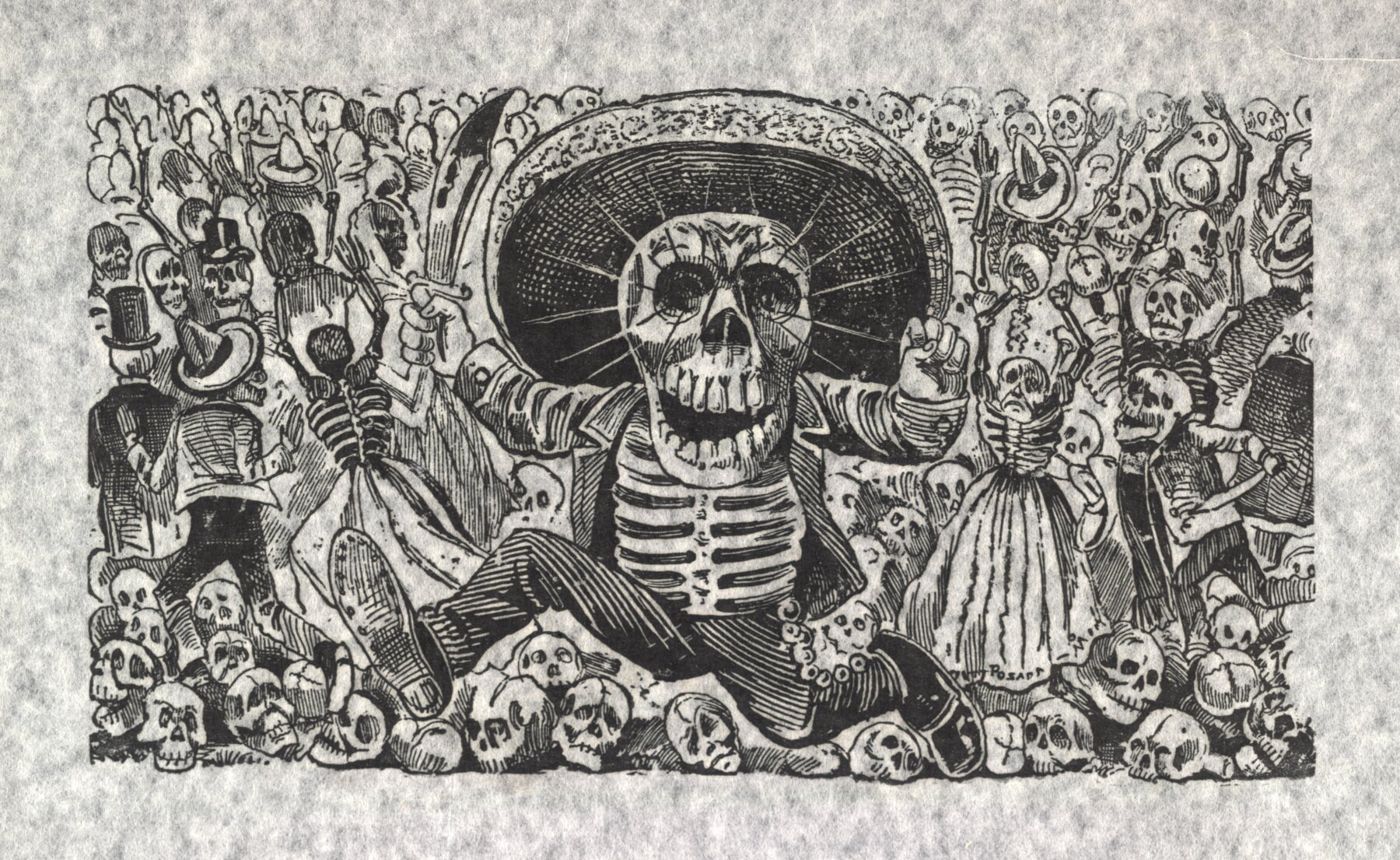 Print showing fierce calavera brandishing knife, crowd of calaveras behind him.