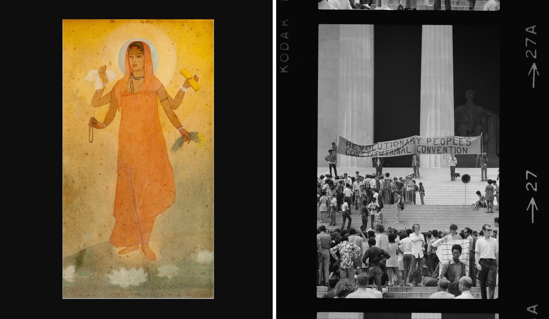 Left: Painting of multi-armed Indian woman in orange garments with circular halo against faded background. Right: People on steps of Lincoln Memorial with banner: Revolutionary People's Constitutional Convention.