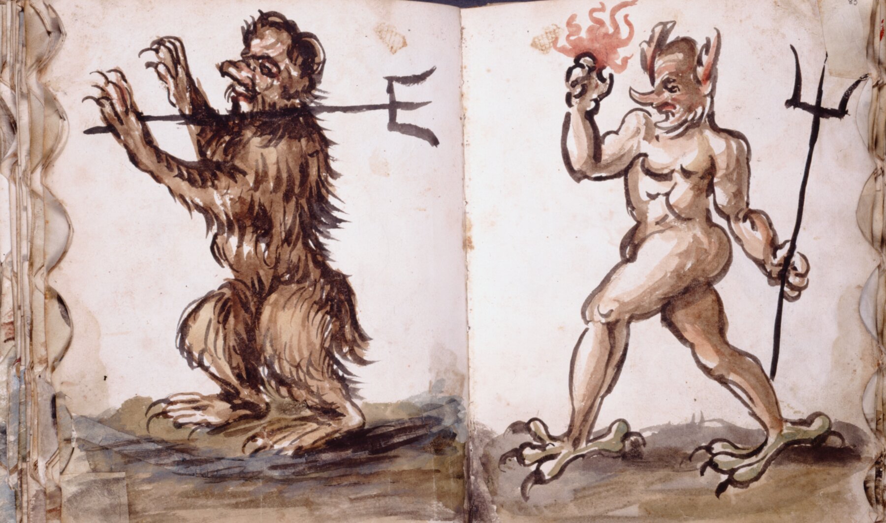 Two monstrous figures facing left; both holding pitchforks; one covered by fur, one naked.