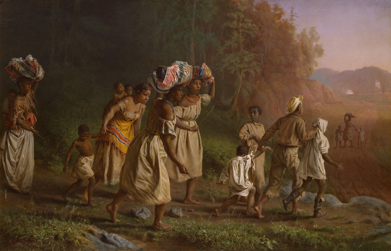African American men and women, some with bundles on their heads, running across a wooded landscape.