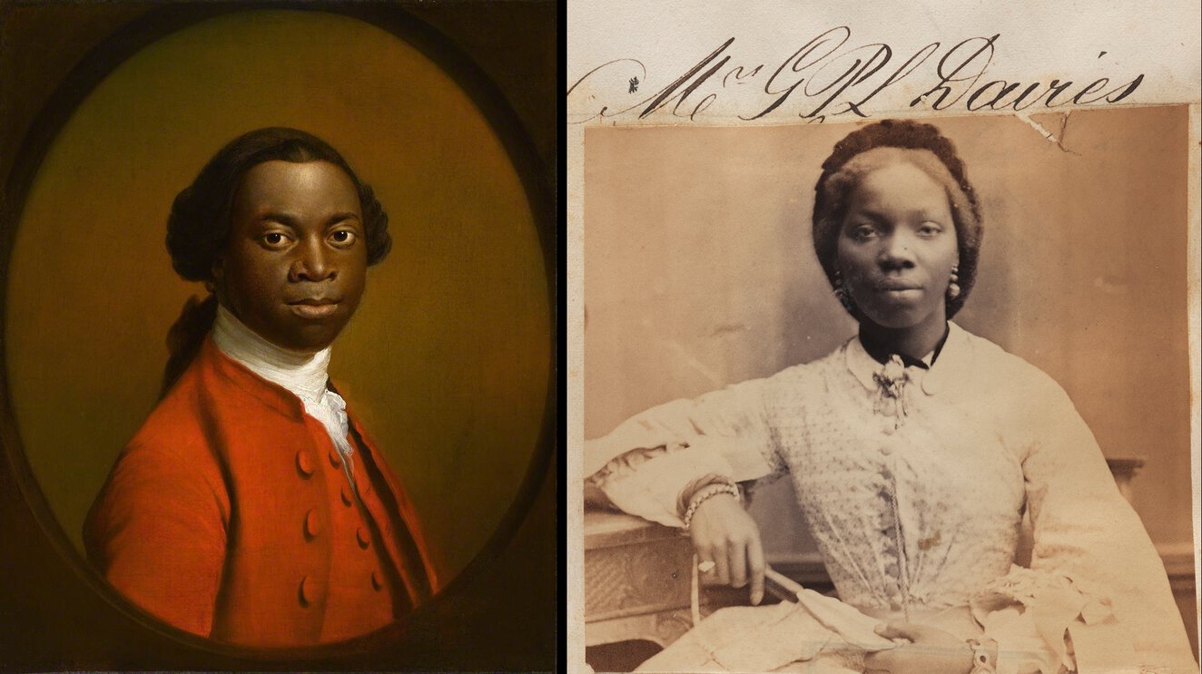 Left: Ignatius Sancho aka Olaudah Equiano in quarter profile looking forward. Right: Sarah Forbes Bonetta in full profile, seated and facing forward.