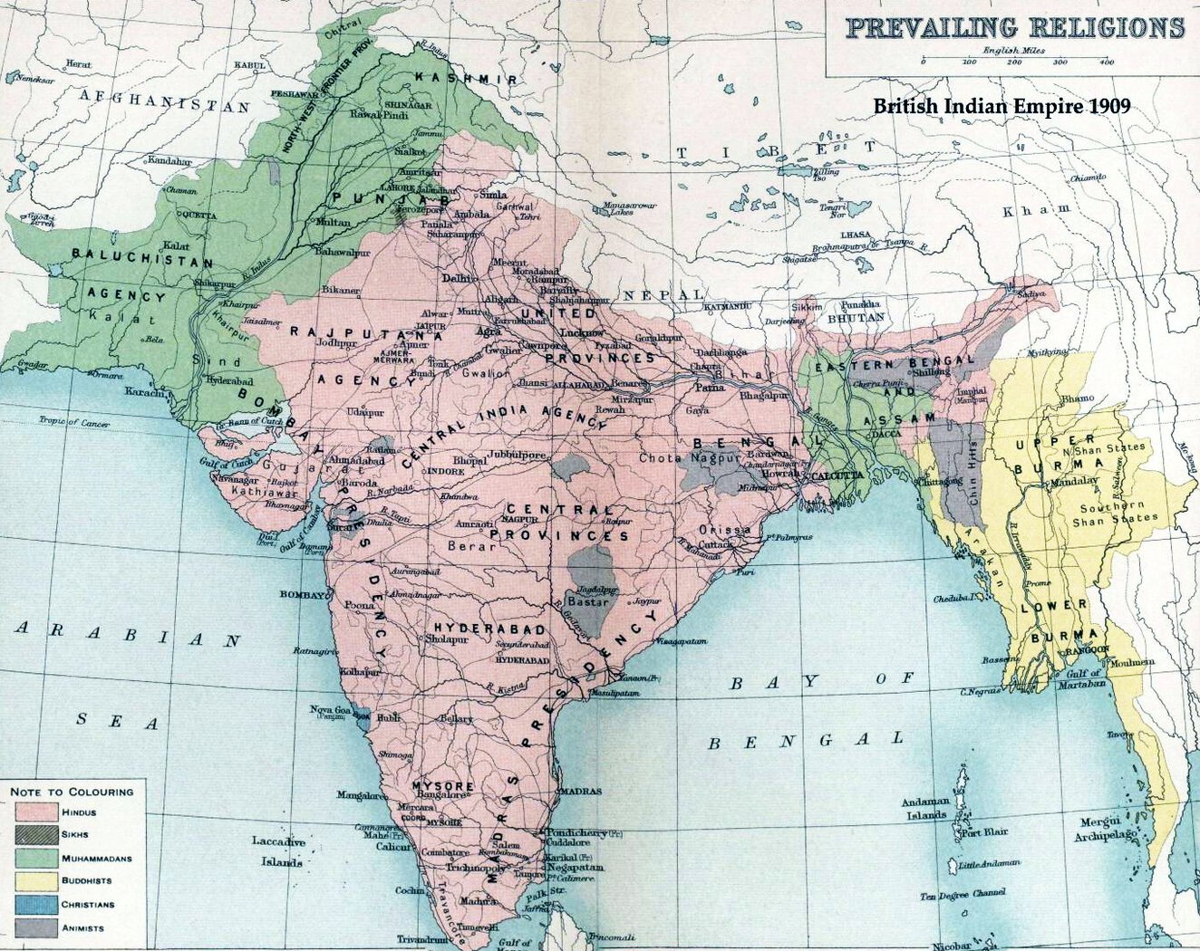 Map showing British empire in 1909 with color coding for regions with different religious groups.