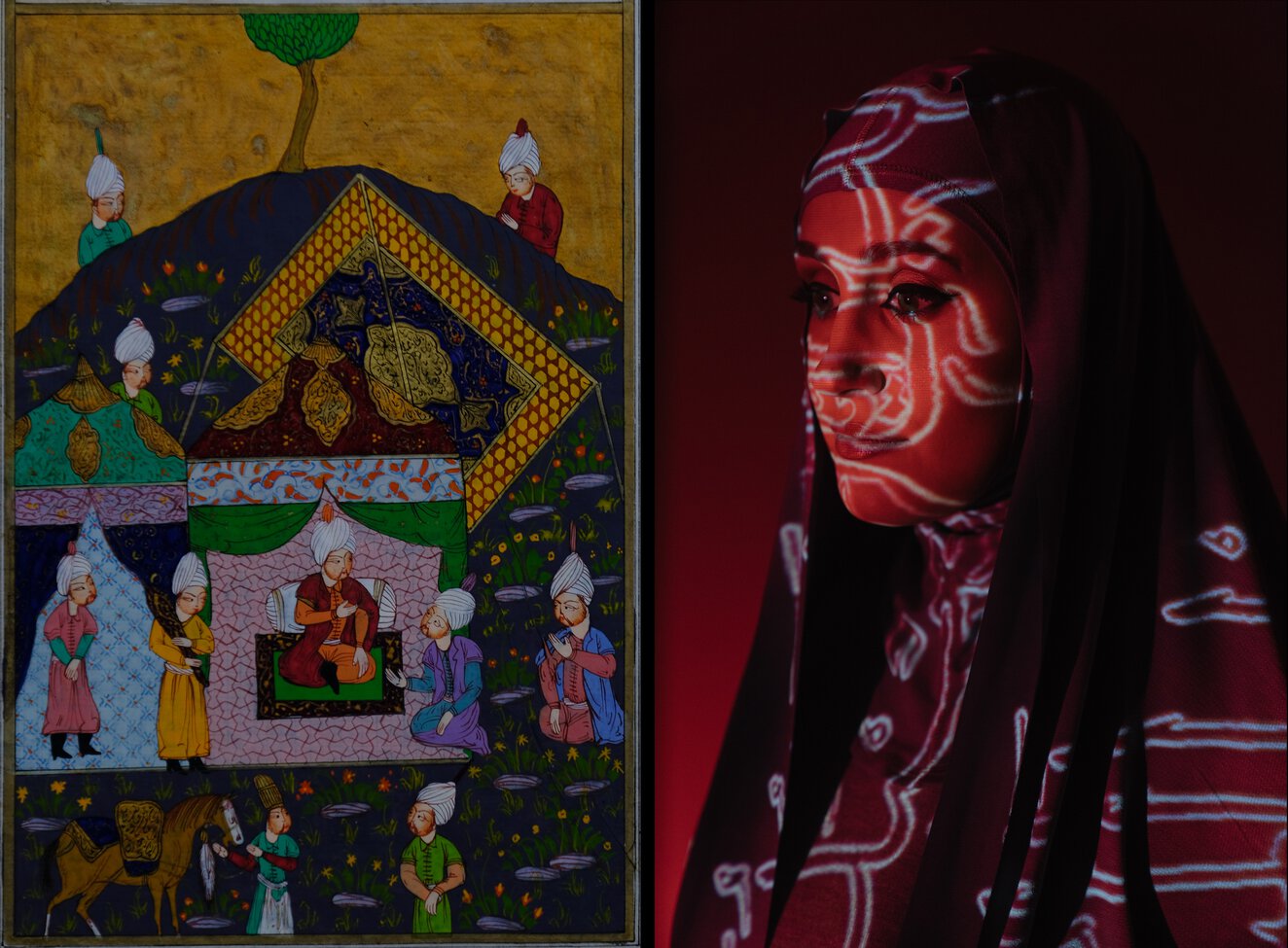 Left: XXX. Right: Woman in Red Hijab and Black Robe.