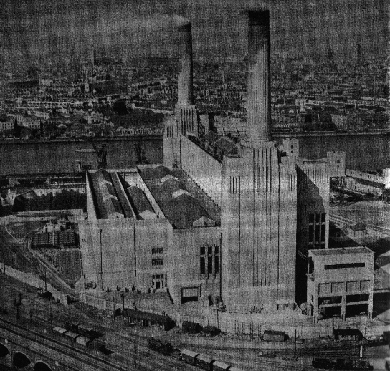 Black and white photograph of the Battersea Power Station in London.
