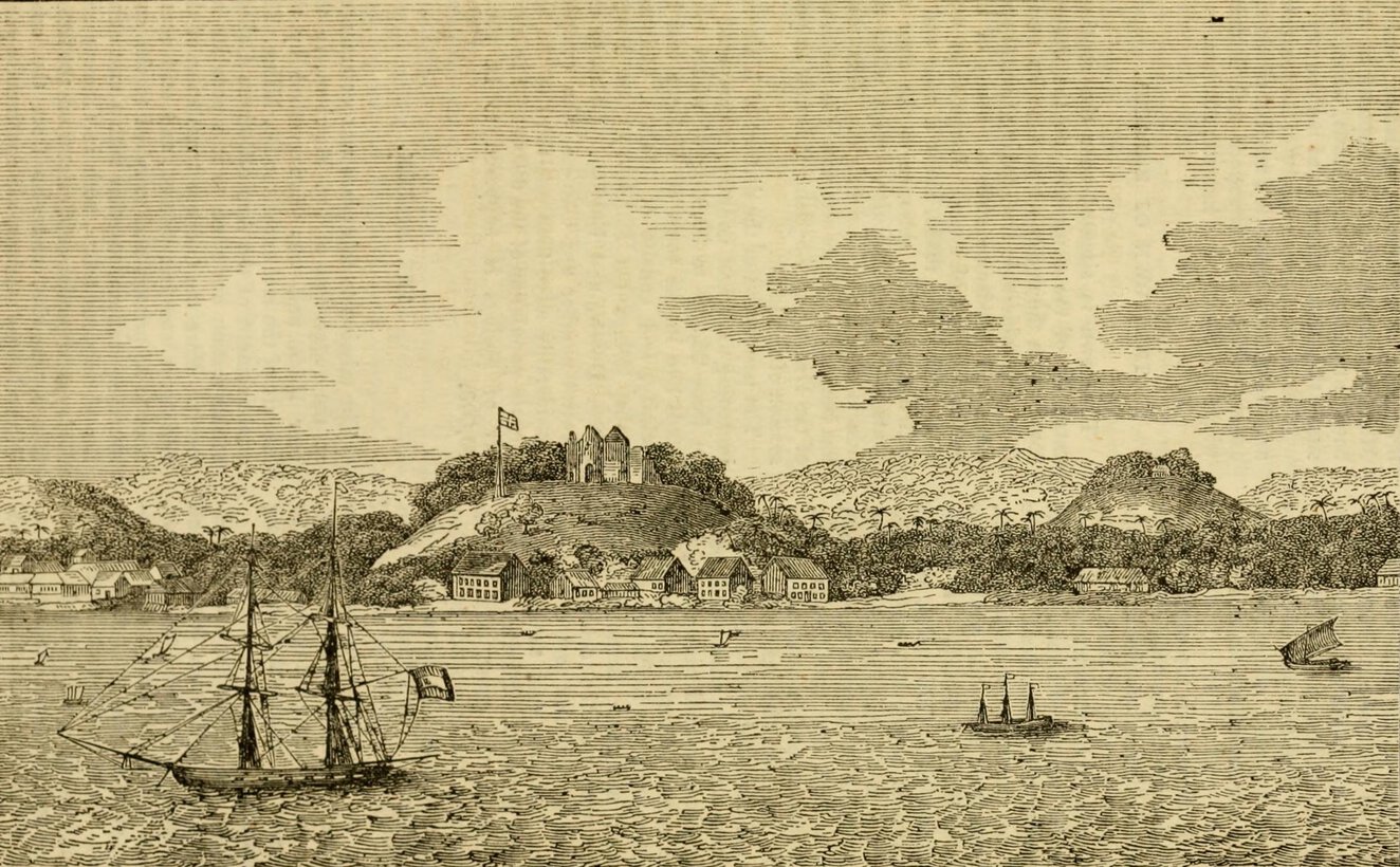 Woodcut of shore with houses and body of water with ships on it.