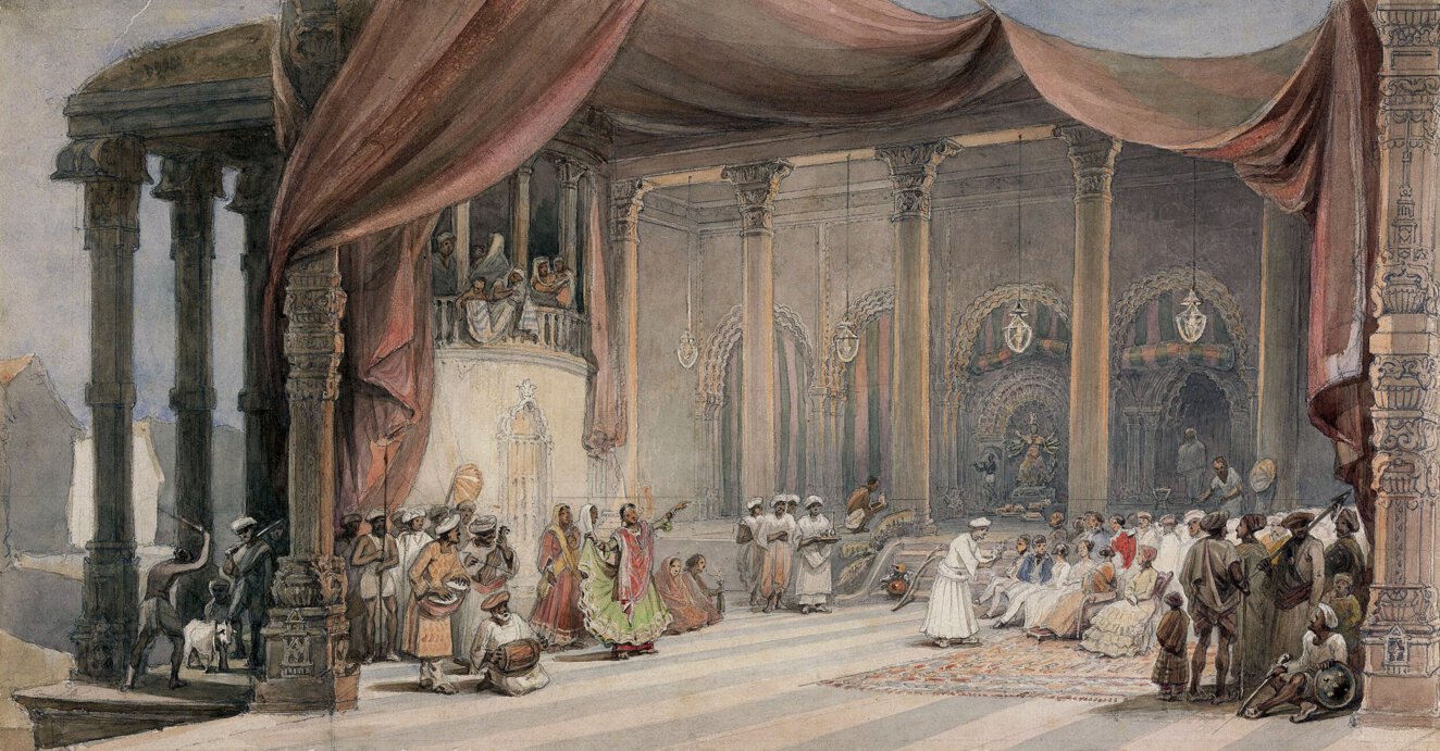 Painting of dancers in a large ballroom.