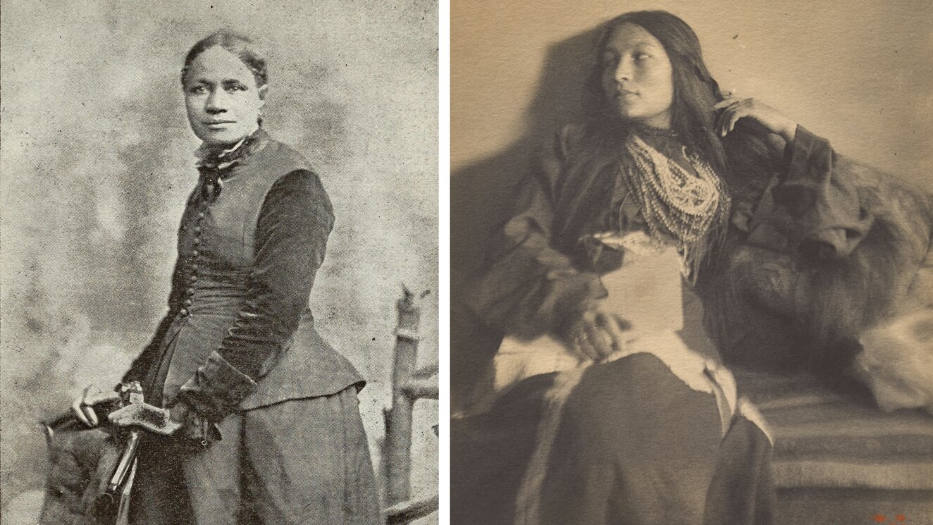 Left: Frances Ellen Watkins Harper, standing, in profile, turned left, facing the viewer. Right: Zitkála-Šá seated, facing the viewer, leaning back, with head turned to her right.