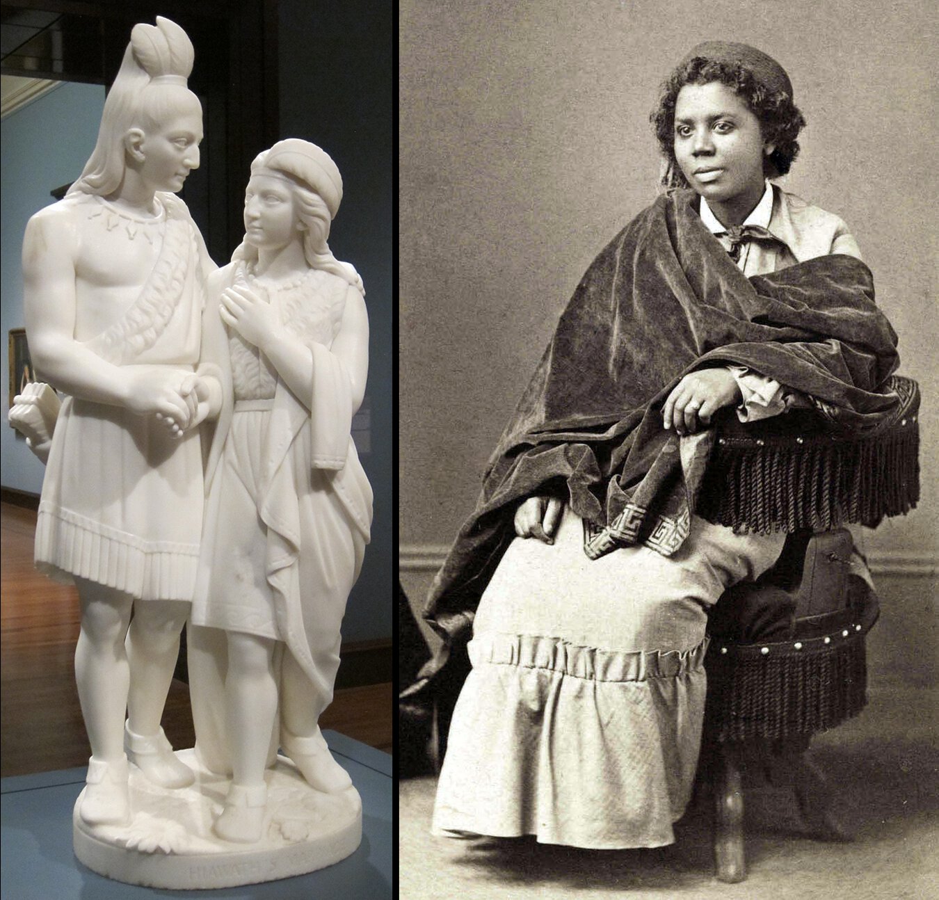 Left: Hiawatha and Minnehaha standing in a close, but open pose, holding hands and looking at one another. Right: Edmonia Lewis, seated, with wrap over her shoulders, in three-quarters profile facing to her right.