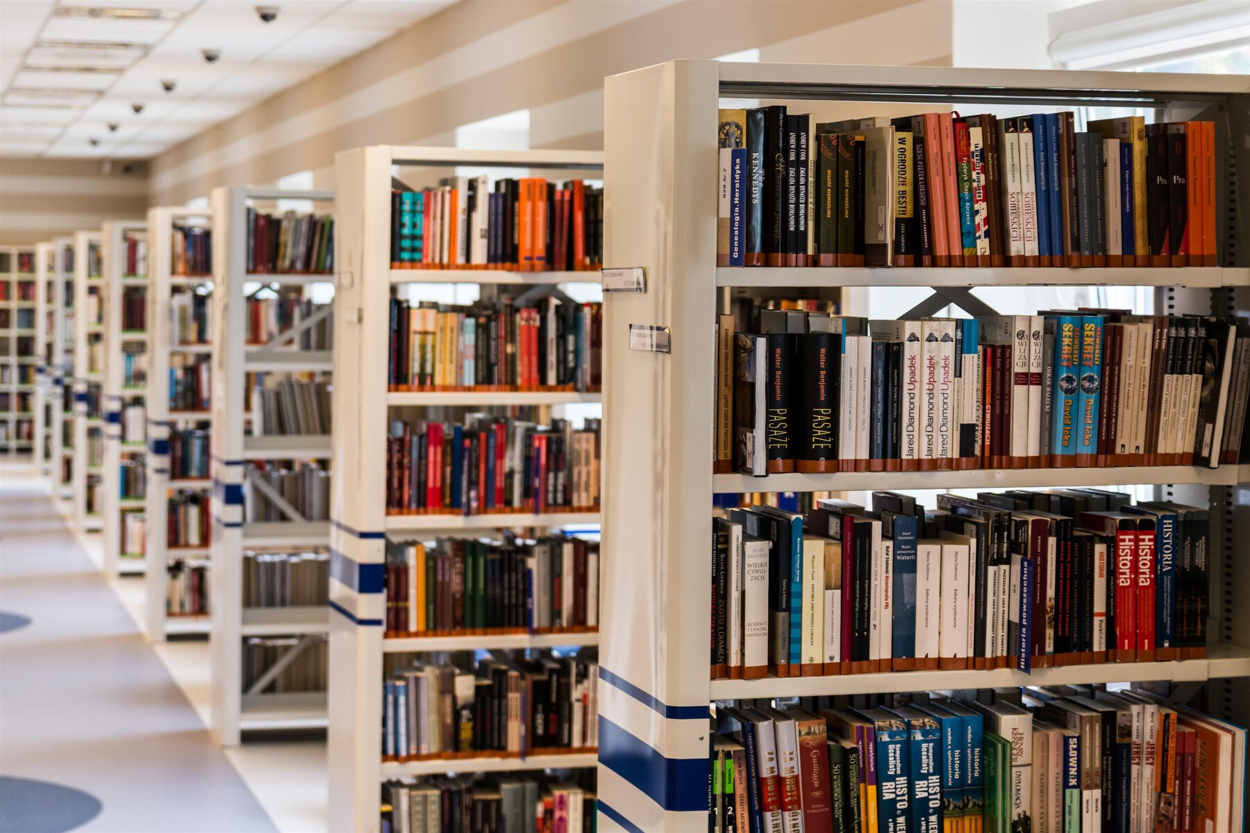 Series of tall library bookshelves receding into background.