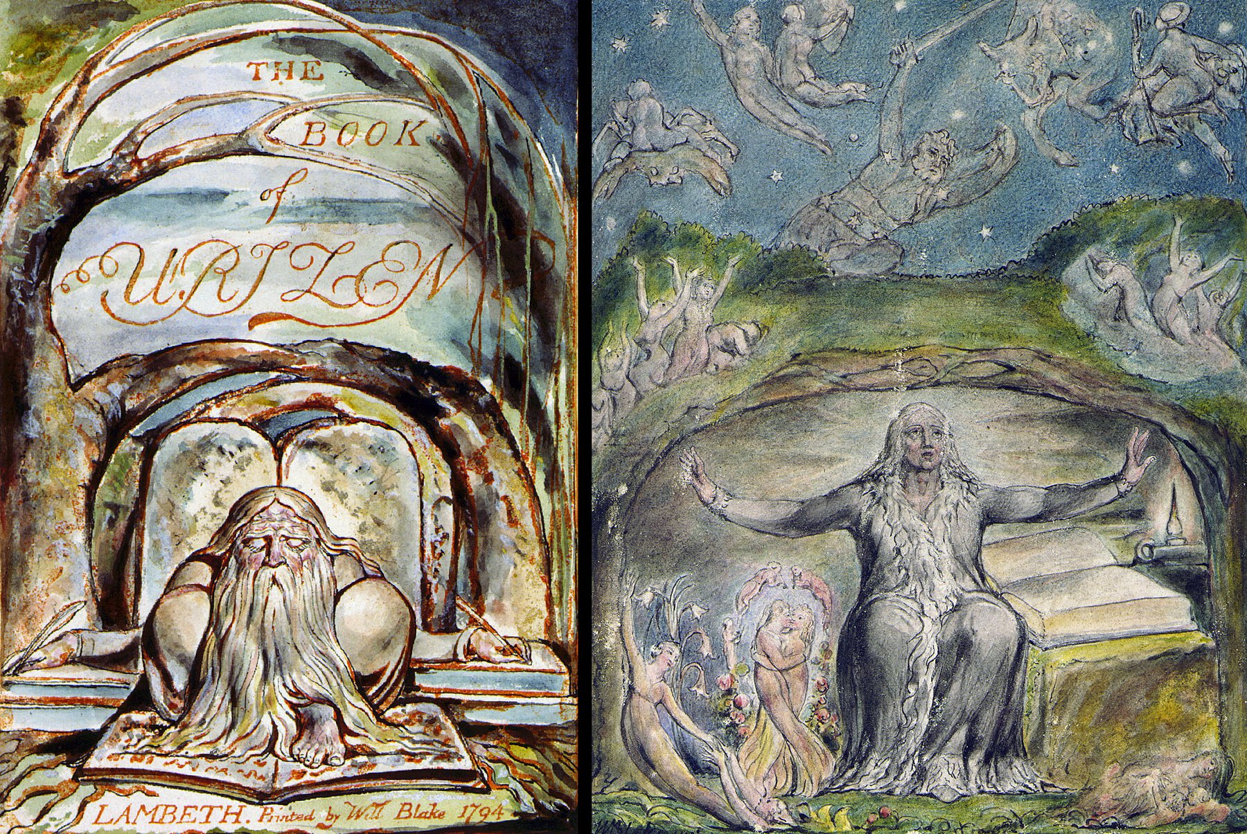 Left: Man with long beard and hair sitting cross-legged over manuscript book, writing with both hands. Right: Man with long beard and hair, sitting with arms extended, surrounded by various apparitions.