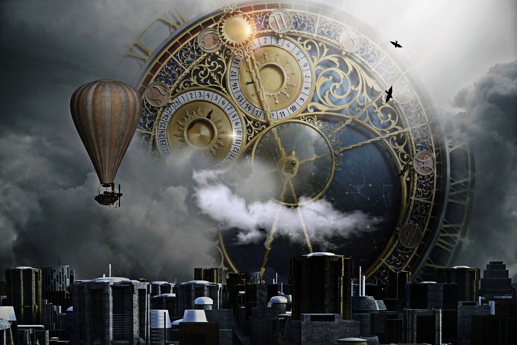 A cityscape featuring a large, complex clock in the background and a hot air balloon flying above.