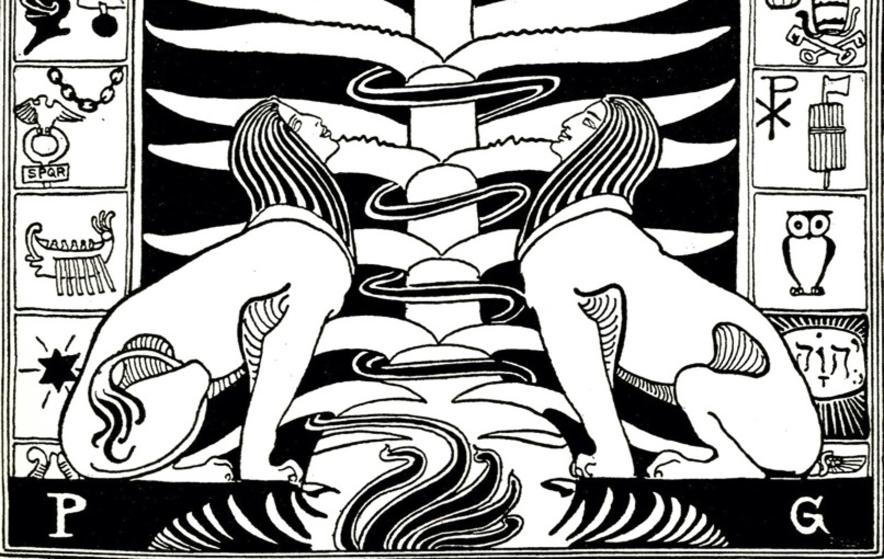 A black and white print of two sphynxes looking up, surrounded by symbols