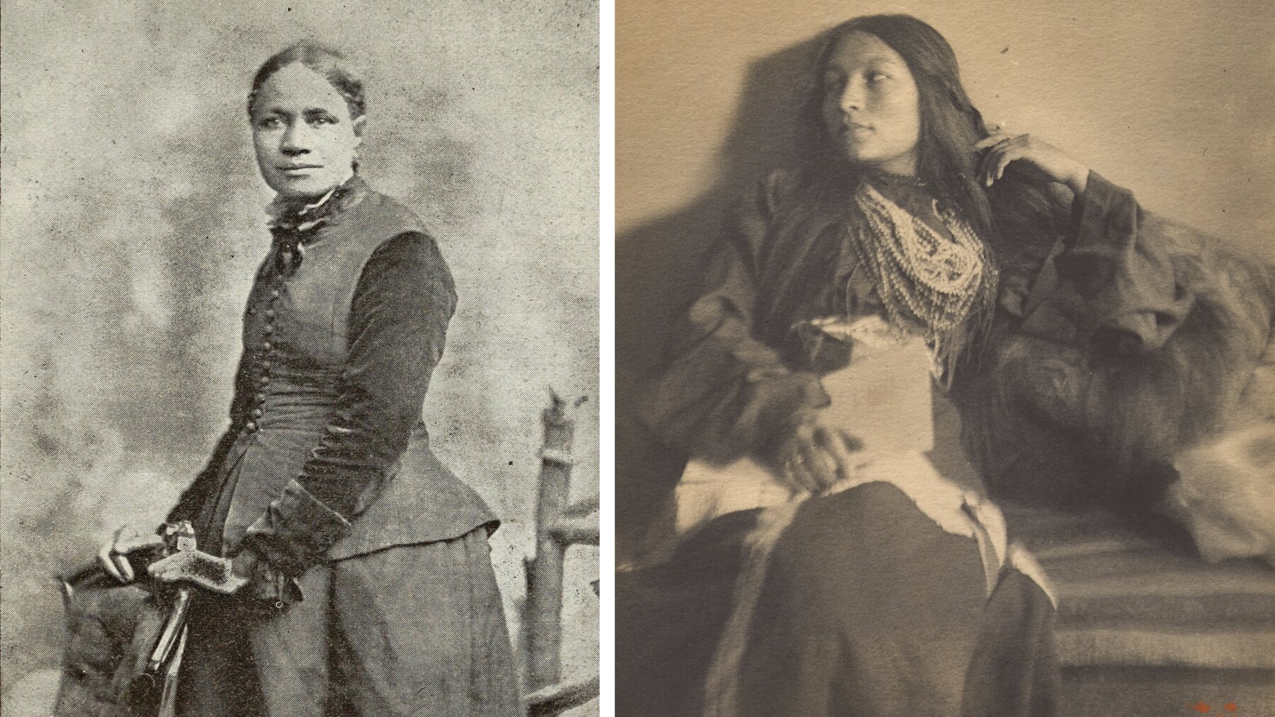 Left: Frances Ellen Watkins Harper, standing, in profile, turned left, facing the viewer. Right: Zitkála-Šá seated, facing the viewer, leaning back, with head turned to her right.